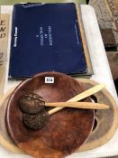 A YEW WOOD BOWL, A STUDIO POTTERY PLAQUE, TWO PRINTS, A FOLDER OF NATIONAL GALLERY PRINTS TOGETHER