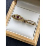 A VINTAGE 18ct HALLMARKED GOLD RUBY AND DIAMOND BOAT SHAPE RING, FINGER SIZE Q, TOGETHER WITH A