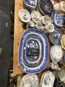 BLUE AND WHITE WILLOW PATTERN POTTERY, TWO CHAMBER STICKS, THREE MARBLE BALLS AND AN ELECTROPLATE