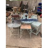 PATIO TABLE AND TWO MATCHING CHAIRS, CAST IRON ENDED CHAIR, FIVE WROUGHT IRON TABLES ETC