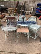 PATIO TABLE AND TWO MATCHING CHAIRS, CAST IRON ENDED CHAIR, FIVE WROUGHT IRON TABLES ETC