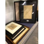 FIVE PRINTS OF 19th C. ACTRESSES TOGETHER WITH TWO FRAMED INK DOCUMENTS