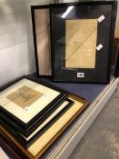 FIVE PRINTS OF 19th C. ACTRESSES TOGETHER WITH TWO FRAMED INK DOCUMENTS