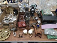 CASED AND LOOSE ELECTROPLATE CUTLERY, A KODAK AND TWO OTHER LEATHER CASED CAMERAS, PEWTER MUGS,