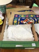 A QUANTITY OF TABLE LINENS AND A NEEDLEWORK CUSHION COVER