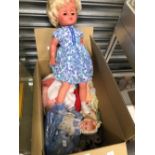 TWO PLASTIC DOLLS, SOFT TOY DOLLS TOGETHER WITH CLOTHING