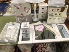 PAINTED WOOD HOUSEHOLD ITEMS PIERCED WITH HEARTS, LINEN, CUSHIONS, A THREE FOLD MIRROR AND A TABLE