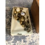 A SET OF FOUR BRASS BELL WEIGHTS, 4LB TO 8OZ, A SET OF FOUR BRASS RING HANDLED BELL WEIGHTS, 8OZ