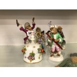 A GROUP OF ANTIQUE MEISSEN STYLE ANTHROPOMORPHIC FIGURINES AND TABLE BELLS