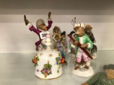 A GROUP OF ANTIQUE MEISSEN STYLE ANTHROPOMORPHIC FIGURINES AND TABLE BELLS