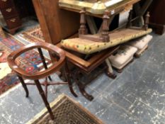 A PAIR OF VICTORIAN BUN FOOT STOOLS, A X-FRAME STOOL, A LONG STOOL AND A MEAT PLATTER STAND