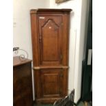 A 19th C, PINE CORNER CUPBOARD, THE UPPER HALF WITH A WAVY OGEE ARCHED PANELLED DOOR BETWEEN