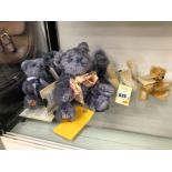 A STEIFF SMALL MOW HAIR BEAR TOGETHER WITH FOUR MERRYTHOUGH LIMITED EDITION LAVENDER BEARS
