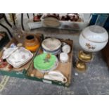 A VINTAGE BRASS OIL LAMP AND VARIOUS CHINA WARES