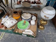 A VINTAGE BRASS OIL LAMP AND VARIOUS CHINA WARES