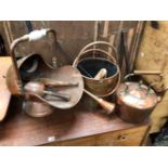 COPPER: A KETTLE, A COAL SCUTTLE, A COAL BUCKET, A HUNTING HORN AND A WARMING PAN