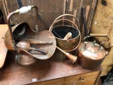 COPPER: A KETTLE, A COAL SCUTTLE, A COAL BUCKET, A HUNTING HORN AND A WARMING PAN