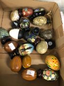 A COLLECTION OF LACQUER, STONE AND CLOISONNE EGGS