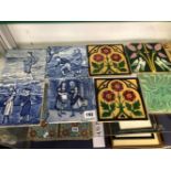 EIGHT VARIOUS TILES, TO INCLUDE FOUR BY WEDGWOOD PRINTED IN BLUE WITH SCENES REPRESENTING MONTHS
