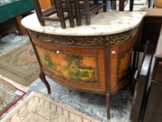 A FRENCH BOW FRONT MARBLE TOPPED SIDE CABINET