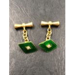 A PAIR OF ANTIQUE GREEN ENAMEL AND OLD CUT DIAMOND CUFFLINKS. EACH CUFFLINK STAMPED 18ct, T.P. GROSS