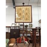 A VICTORIAN MAHOGANY POLE SCREEN, THE RECTANGULAR FRAMED BANNER SILK WOMED WITH BASKETS OF FLOWERS