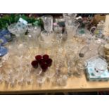 GLASS VASES, DECANTERS AND DRINKING GLASS TO INCLUDE RUMMERS