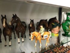 SEVEN DOULTON AND BESWICK HORSES TOGETHER WITH A CHARACTER JUG AND GLASS WARE