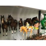 SEVEN DOULTON AND BESWICK HORSES TOGETHER WITH A CHARACTER JUG AND GLASS WARE