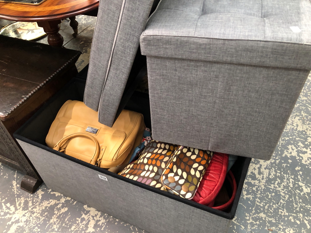 TWO OTTOMANS AND A COLLECTION OF HANDBAGS