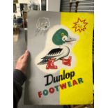 A DUNLOP FOOTWEAR SHOP DISPLAY POSTER FEATURING A DUCK COME RAIN OR SHINE