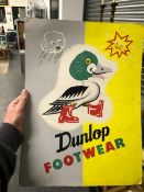 A DUNLOP FOOTWEAR SHOP DISPLAY POSTER FEATURING A DUCK COME RAIN OR SHINE