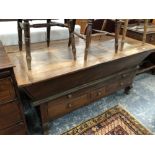 A 19th C. FRENCH CHESTNUT DOUGH BIN ON PERIOD FOUR DRAWER LOW BASE WITH SHAPED LEGS.