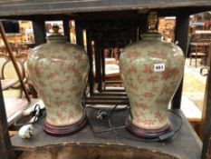 A PAIR OF LARGE POTTERY ORIENTAL STYLE TABLE LAMPS