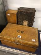 TWO METAL DOCUMENT BOXES TOGETHER WITH A WOODEN BOX