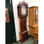 A 19th C. MAHOGANY LONG CASE CLOCK WITH 8-DAY MOVEMENT, THE DIAL SIGNED MYERS, DARLINGTON.