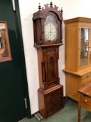 A 19th C. MAHOGANY LONG CASE CLOCK WITH 8-DAY MOVEMENT, THE DIAL SIGNED MYERS, DARLINGTON.