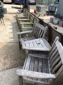 FIVE TEAK OUTDOOR CHAIRS TOGETHER WITH A LOVE SEAT