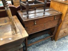 AN UNUSUAL OAK LIFT TOP BLANKET CHEST ON STAND.