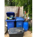 THREE LARGE BLUE BINS CONTAINING GARDEN TOOLS ETC