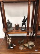 A LEAD COTTAGE DOOR STOP, THREE METAL FIGURES, A MINIATURE SAFE AND A TORTOISE FORM BELL