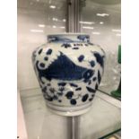 A MING STYLE BLUE AND WHITE JAR PAINTED WITH FISH AMONGST REEDS