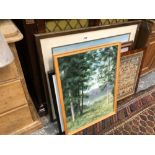 A QUANTITY OF VARIOUS DECORATIVE PAINTINGS, PRINTS AND A NEEDLEWORK