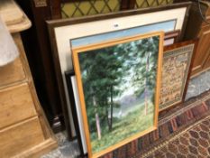 A QUANTITY OF VARIOUS DECORATIVE PAINTINGS, PRINTS AND A NEEDLEWORK