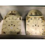 TWO PAINTED ROUND ARCH TOP LONG CASE CLOCK FACES