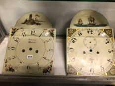 TWO PAINTED ROUND ARCH TOP LONG CASE CLOCK FACES