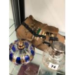 A GILDED AND BLUE GLASS BOHEMIAN JAR, A HALLMARKED SILVER LIDDED GLASS PERFUME BOTTLE AND AN EDWARDS