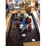 AN ORIENTAL HARDWOOD TRAY, BUDAI FIGURES, A KARL ENS OWL AND A SWIFT