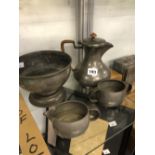 A LIBERTYS PEWTER THREE PIECE COFFEE SET TOGETHER WITH A FOOTED BOWL