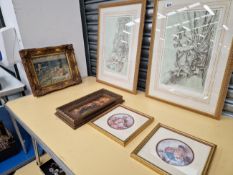 TWO WILLIAM RUSSEL FLINT PRINTS, TWO OTHER PENCIL INSCRIBED, AND TWO FURTHER GILT FRAMED PICTURES.